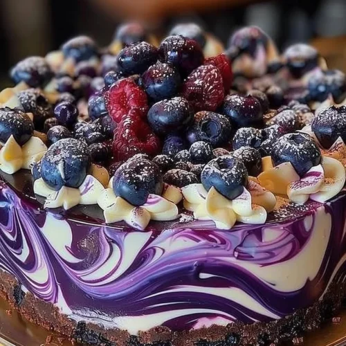 Delicious blueberry swirl cheesecake with a fresh blueberry topping