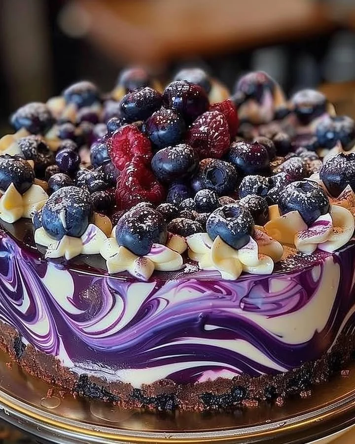 Delicious blueberry swirl cheesecake with a fresh blueberry topping