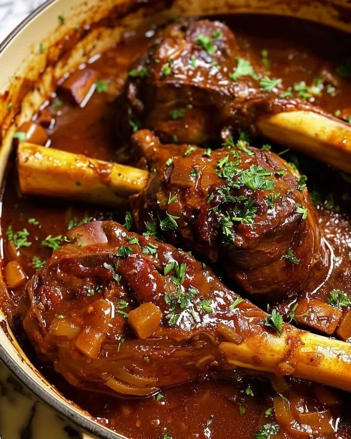 Delicious braised lamb shanks cooked to perfection with herbs and spices