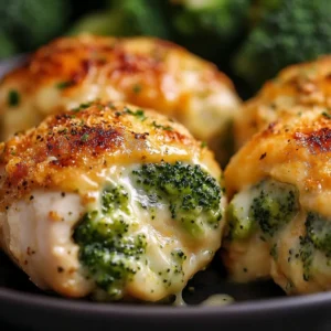 Juicy broccoli and cheese stuffed chicken breast served on a plate
