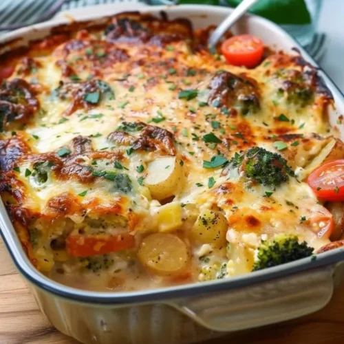 Broccoli and potato bake dish with melted cheese and herbs