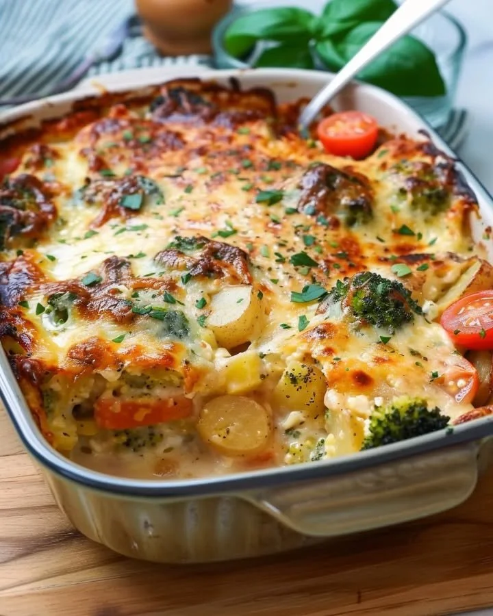 Broccoli and potato bake dish with melted cheese and herbs