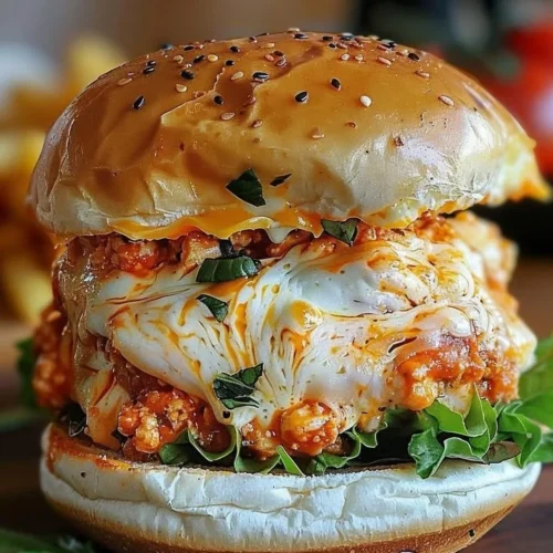 Buffalo Chicken Lasagna Burger topped with cheese and herbs on a plate