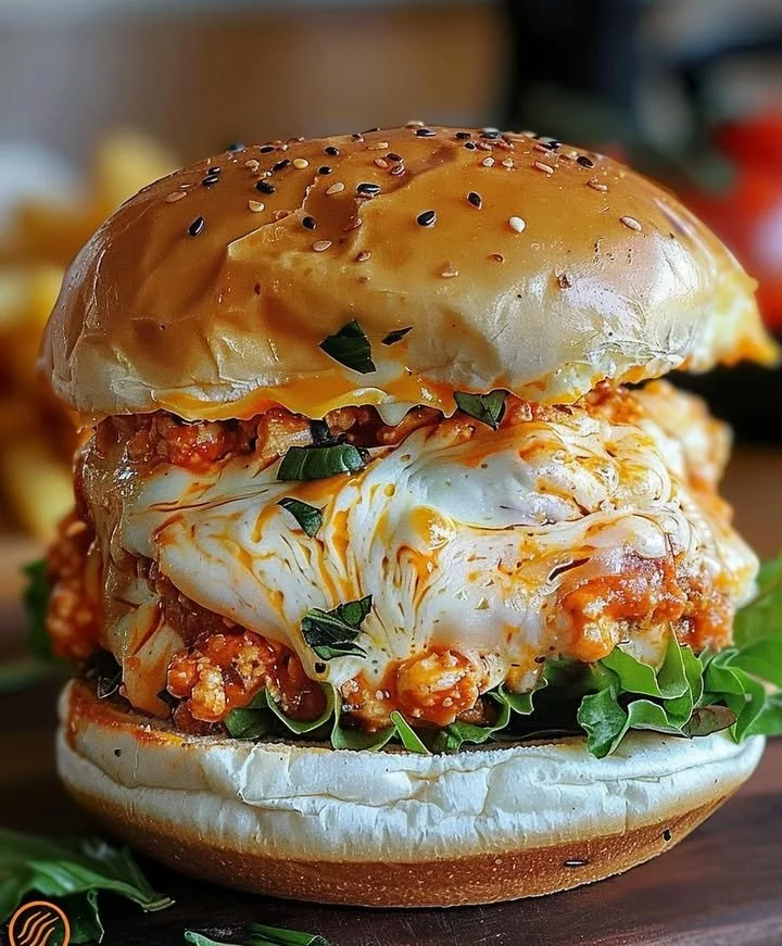Buffalo Chicken Lasagna Burger topped with cheese and herbs on a plate