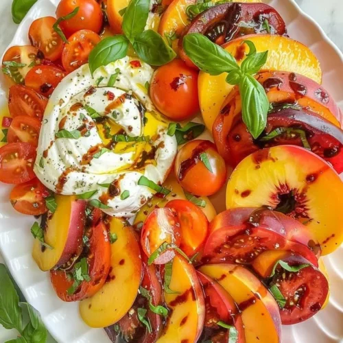 Burrata Tomato Peach Salad garnished with fresh herbs and vibrant colors.
