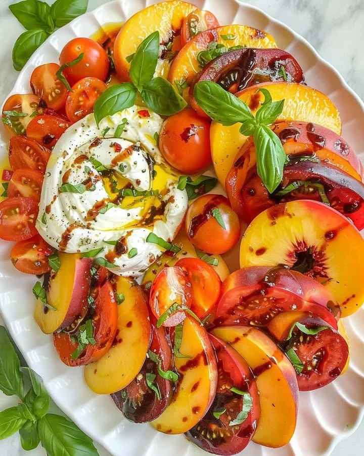 Burrata Tomato Peach Salad garnished with fresh herbs and vibrant colors.