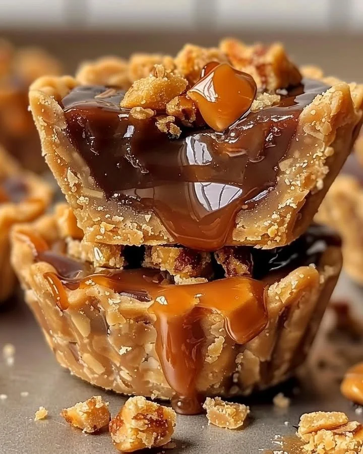 Butterfinger Caramel Crunch Mini Pies on a plate, delicious dessert treat