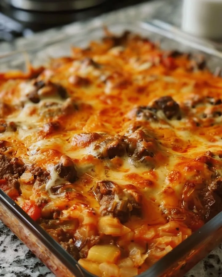 Baked dish featuring cabbage and beef, a hearty home-cooked meal.