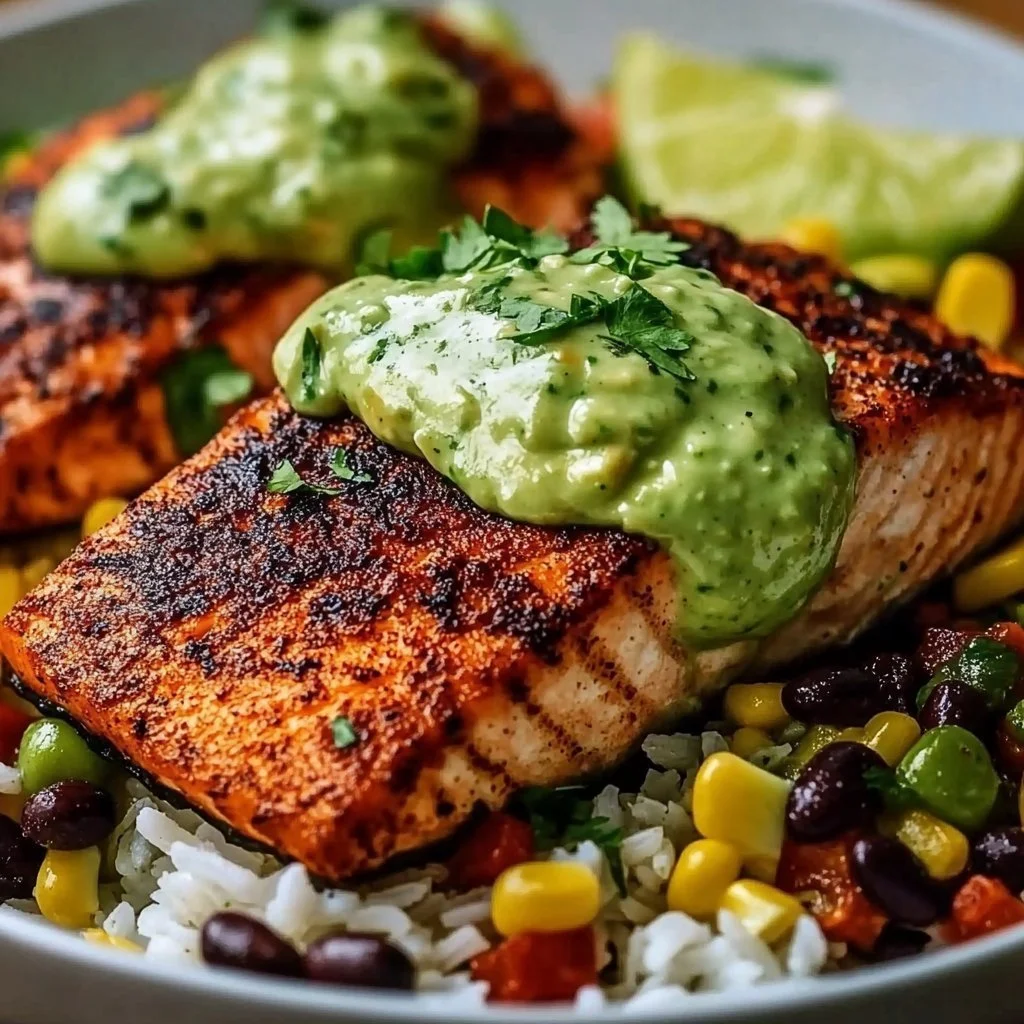 Cajun Salmon with Avocado Lime Cream served on a plate