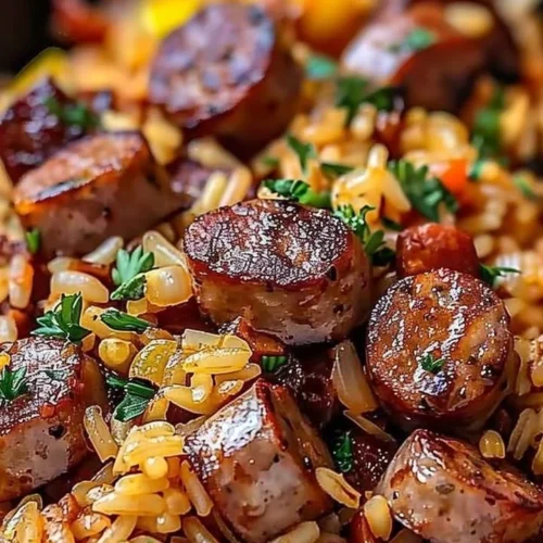 Cajun sausage and rice skillet dish with vibrant vegetables in a pan