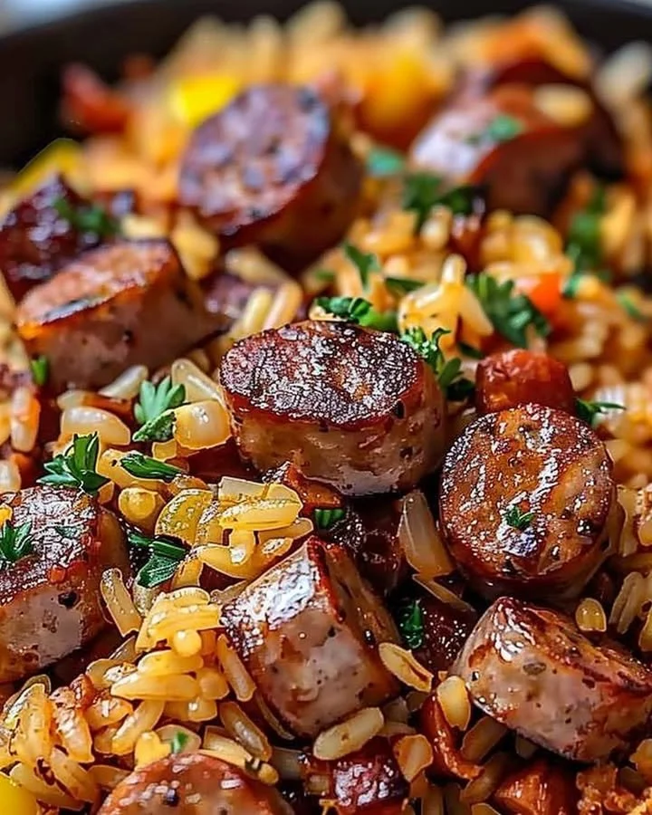 Cajun sausage and rice skillet dish with vibrant vegetables in a pan