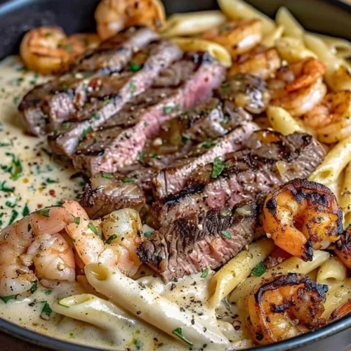 Cajun Shrimp Alfredo with Steak served in a creamy pasta dish