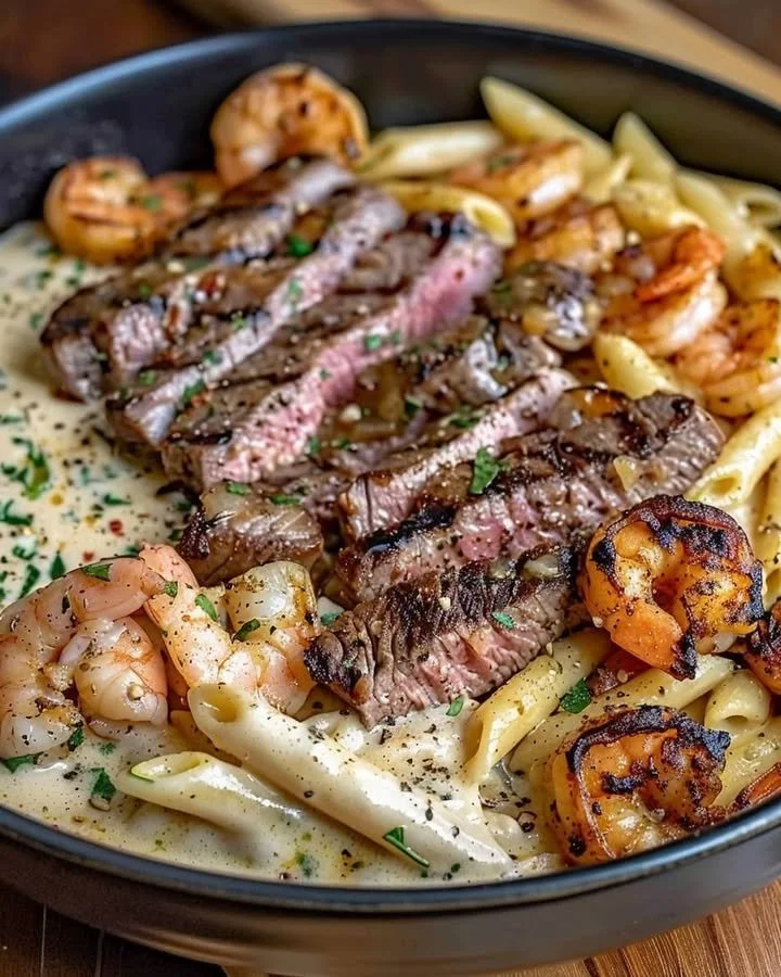 Cajun Shrimp Alfredo with Steak served in a creamy pasta dish