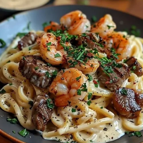 Cajun shrimp and steak Alfredo pasta garnished with fresh herbs