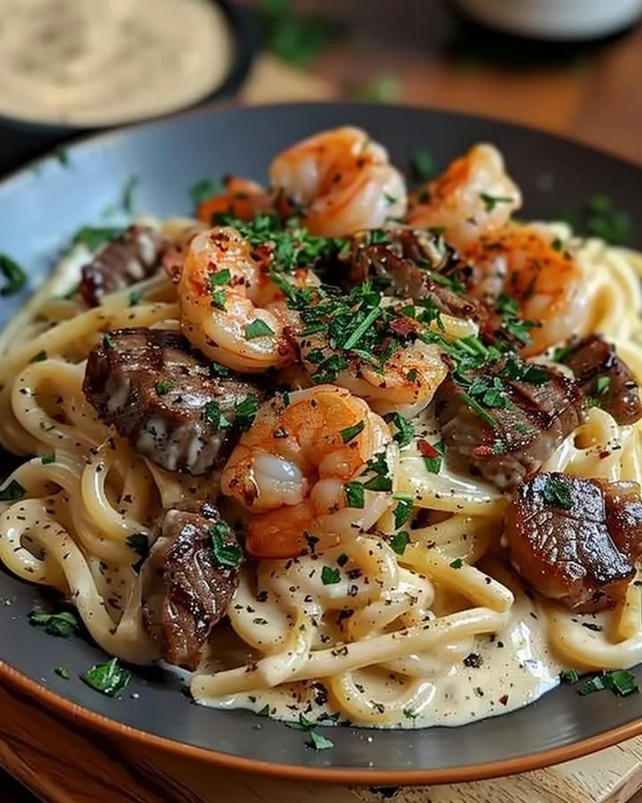 Cajun shrimp and steak Alfredo pasta garnished with fresh herbs
