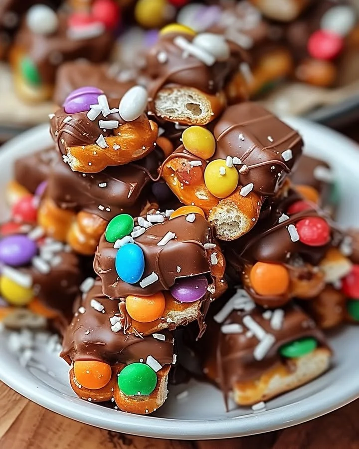 Delicious Candy Bar Pretzel Bites with chocolate and caramel toppings