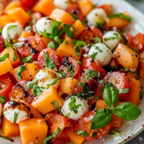 Fresh cantaloupe and heirloom tomato salad served in a bowl