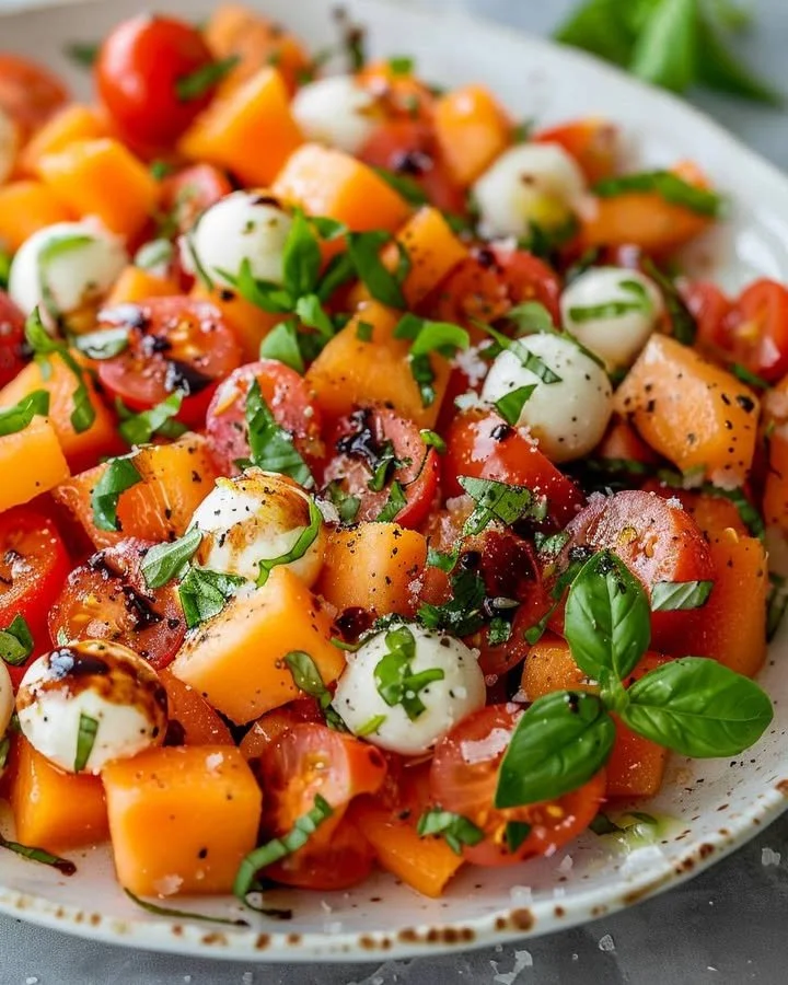 Fresh cantaloupe and heirloom tomato salad served in a bowl