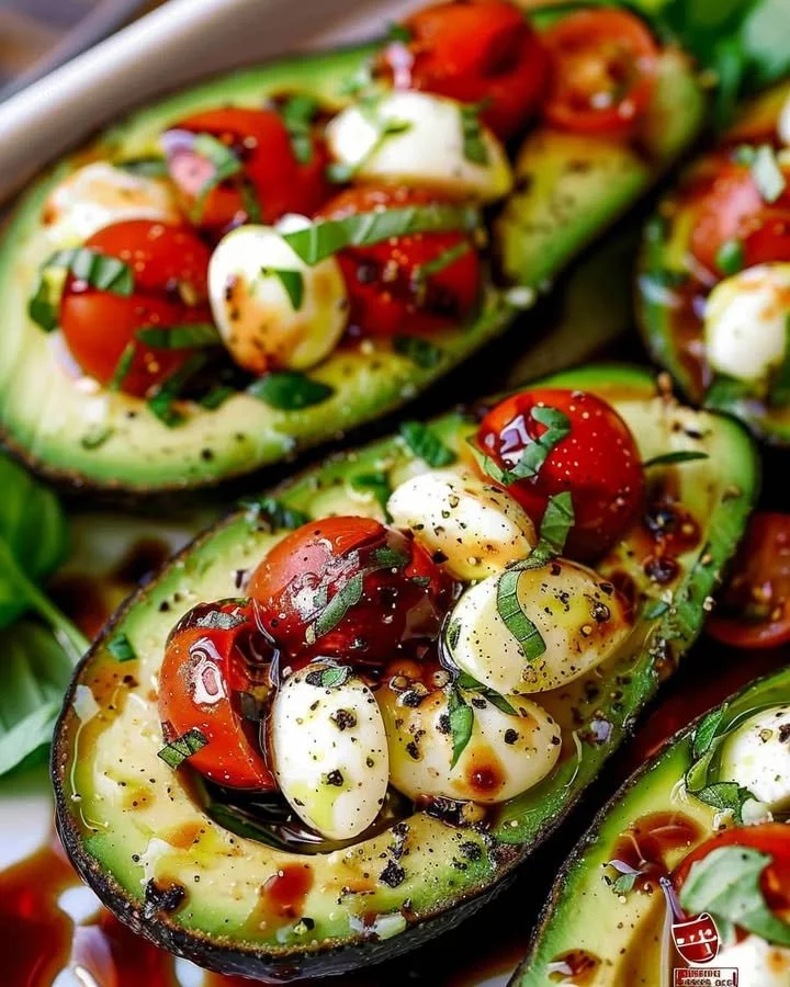 Caprese stuffed avocado with tomatoes, mozzarella, and balsamic glaze.