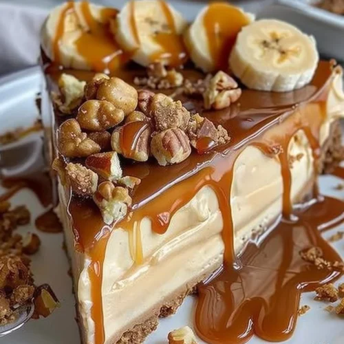 Delicious Caramel Banana Crunch Cheesecake with a crunchy topping