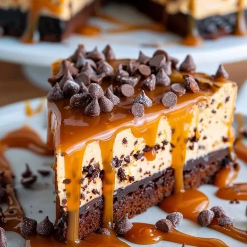 Delicious caramel brownie cheesecake with chocolate and caramel layers.