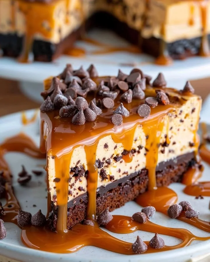 Delicious caramel brownie cheesecake with chocolate and caramel layers.