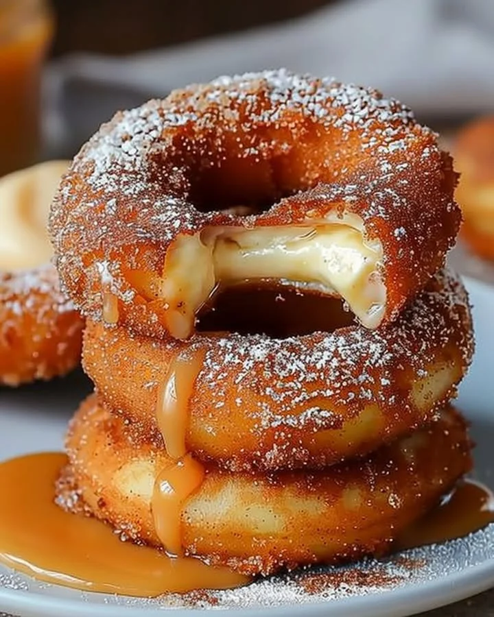 Caramel cheesecake-stuffed churro rings with a delicious cinnamon sugar coating.