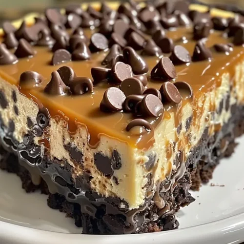 Delicious caramel chocolate chip cheesecake with chocolate chips and caramel drizzle