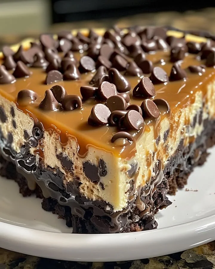 Delicious caramel chocolate chip cheesecake with chocolate chips and caramel drizzle