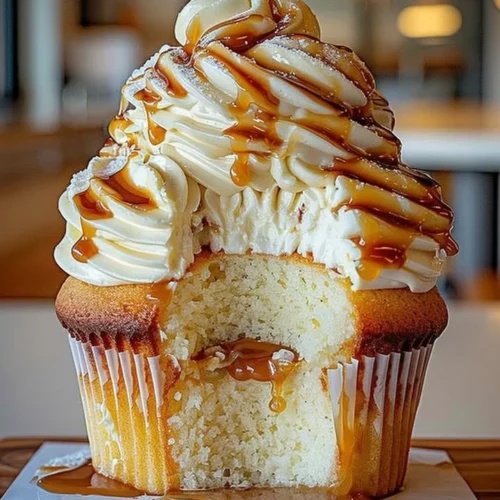 Delicious caramel cupcake with cream cheese frosting on a decorative plate