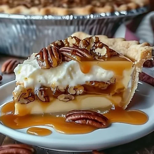 Delicious Caramel Pecan Delight Pie with a rich caramel topping and pecans
