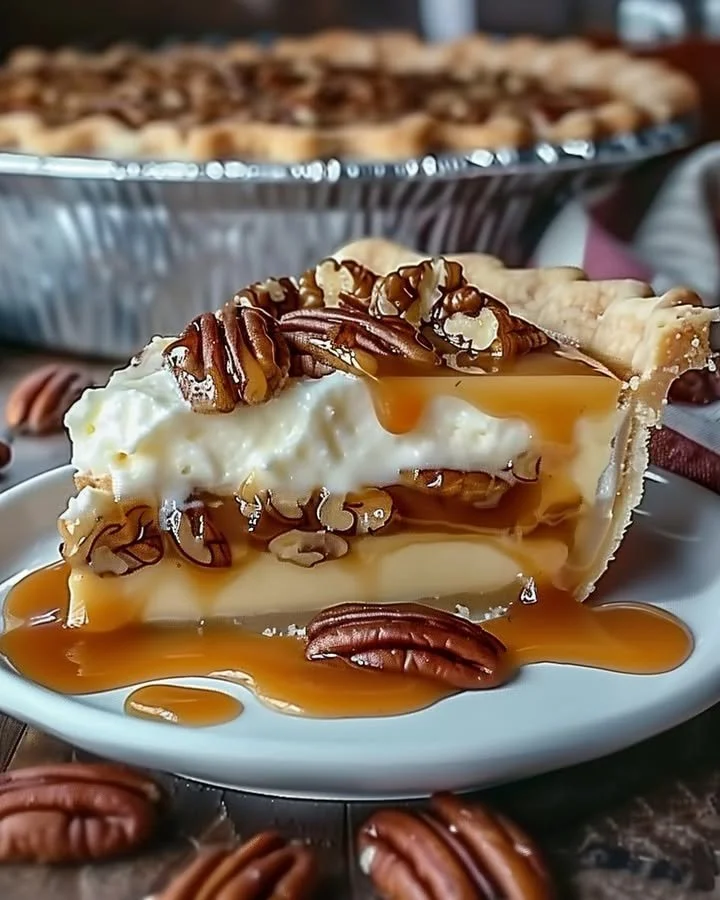 Delicious Caramel Pecan Delight Pie with a rich caramel topping and pecans