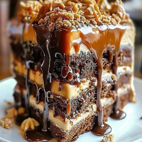 Slice of Caramel Toffee Crunch Cake topped with toffee bits and caramel sauce