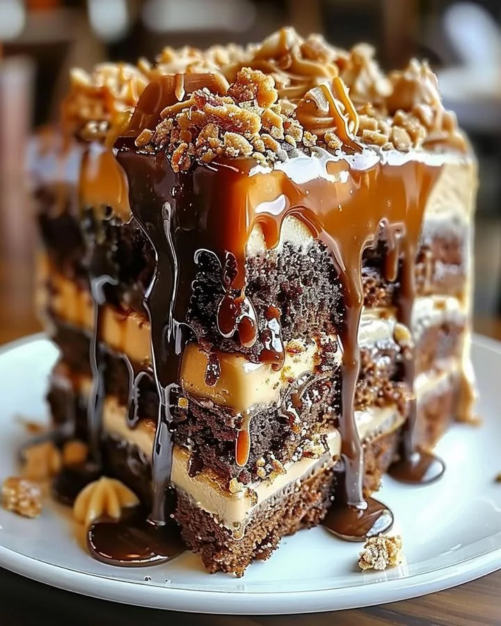 Slice of Caramel Toffee Crunch Cake topped with toffee bits and caramel sauce