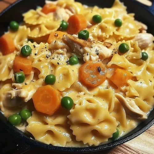 Easy chicken pot pie pasta dish with creamy sauce and vegetables