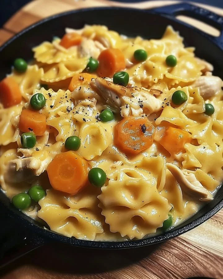 Easy chicken pot pie pasta dish with creamy sauce and vegetables