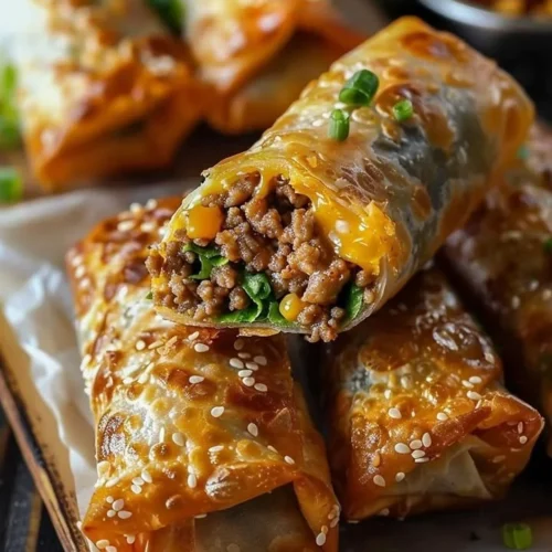 Delicious cheeseburger egg rolls served with dipping sauce