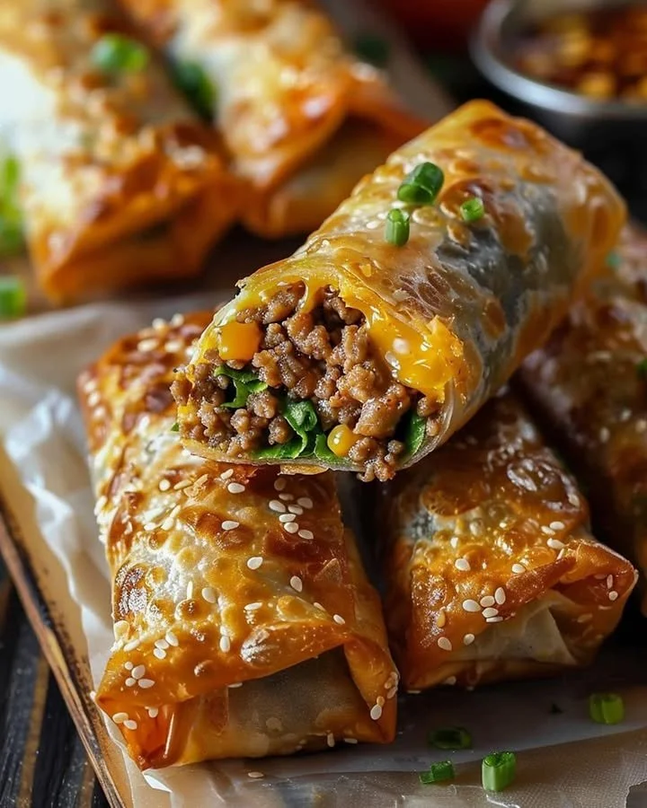 Delicious cheeseburger egg rolls served with dipping sauce