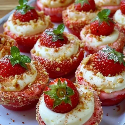 Cheesecake deviled strawberries filled with creamy cheesecake mix and topped with graham crumbs