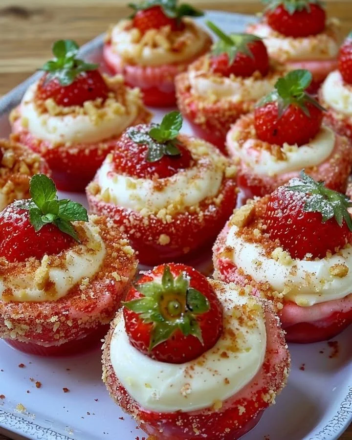 Cheesecake deviled strawberries filled with creamy cheesecake mix and topped with graham crumbs