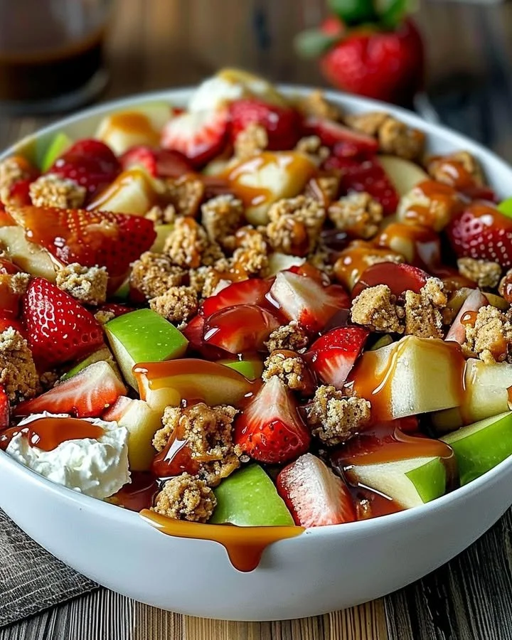 Delicious cheesecake fruit salad with mixed berries and creamy filling