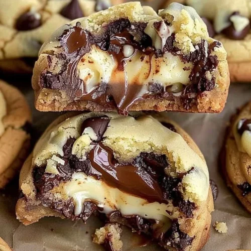 Cheesecake stuffed chocolate chip cookies on a plate with a fork