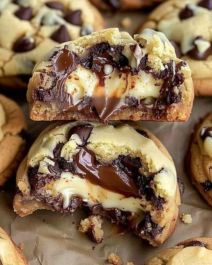Cheesecake stuffed chocolate chip cookies on a plate with a fork