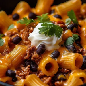 Cheesy beef enchiladas tortellini dish topped with melted cheese and fresh herbs.