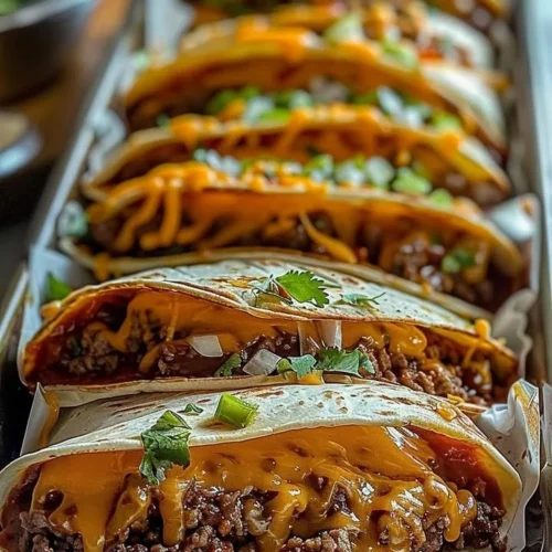 Cheesy beef taco-stuffed tortilla pockets on a plate