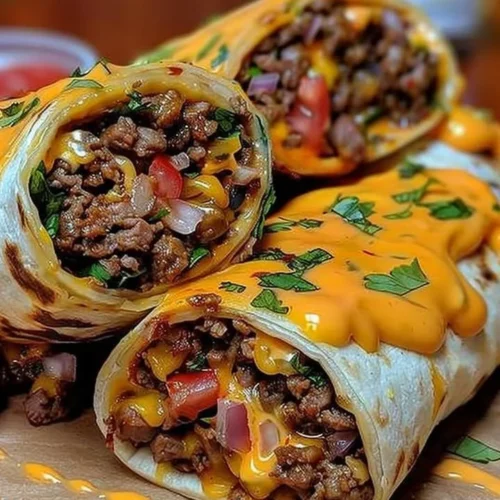Cheesy beef wraps with melted cheese and fresh ingredients