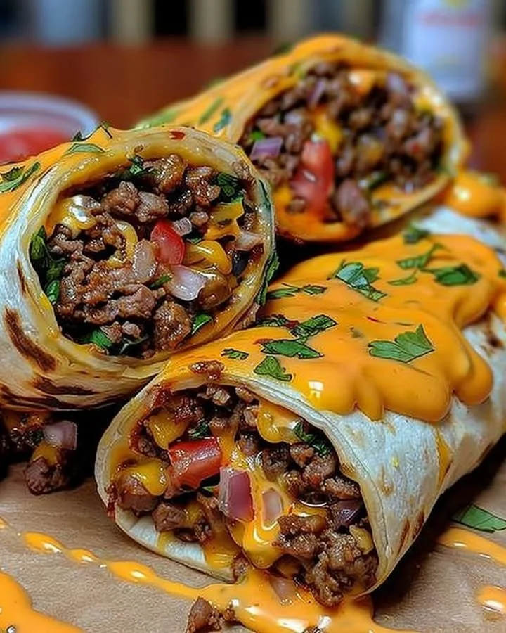 Cheesy beef wraps with melted cheese and fresh ingredients