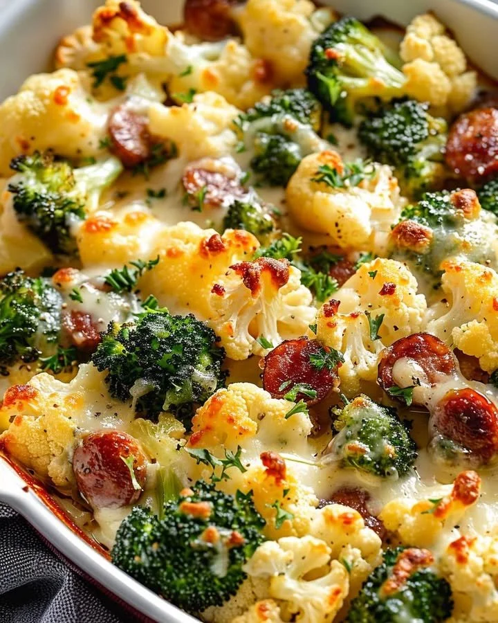Cheesy broccoli and cauliflower bake in a casserole dish ready to serve
