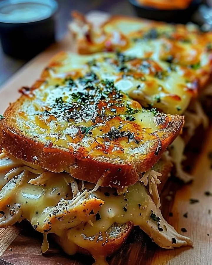 Cheesy Chicken Garlic Bread Sandwich with melted cheese and crispy chicken