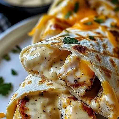 Delicious Cheesy Garlic Chicken Wraps on a plate with fresh ingredients.